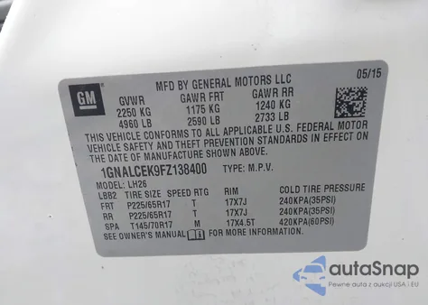 2015 Chevrolet Equinox 2Lt from USA, damaged, VIN 1GNALCEK9FZ138400